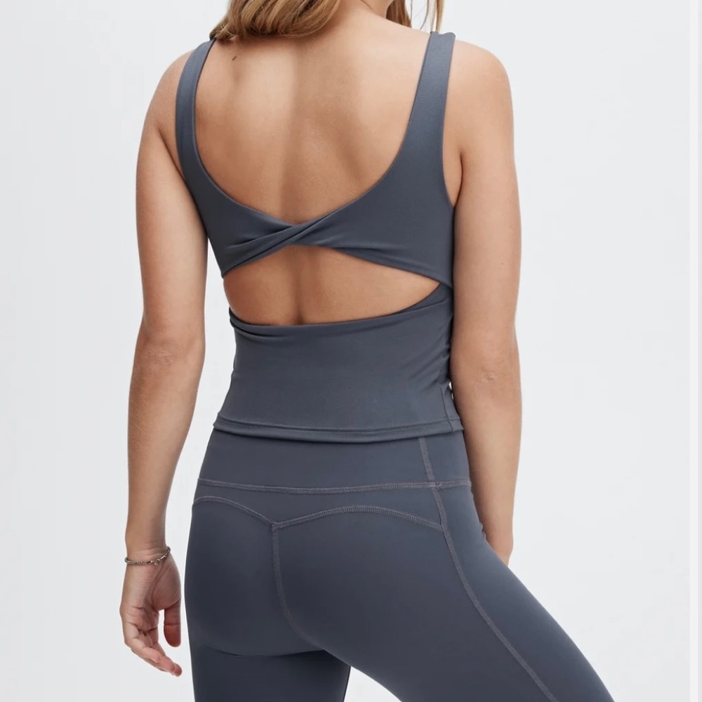 New Fabletics Twist back Built In Bra Tank, large, color (Pewter) Dark Gray